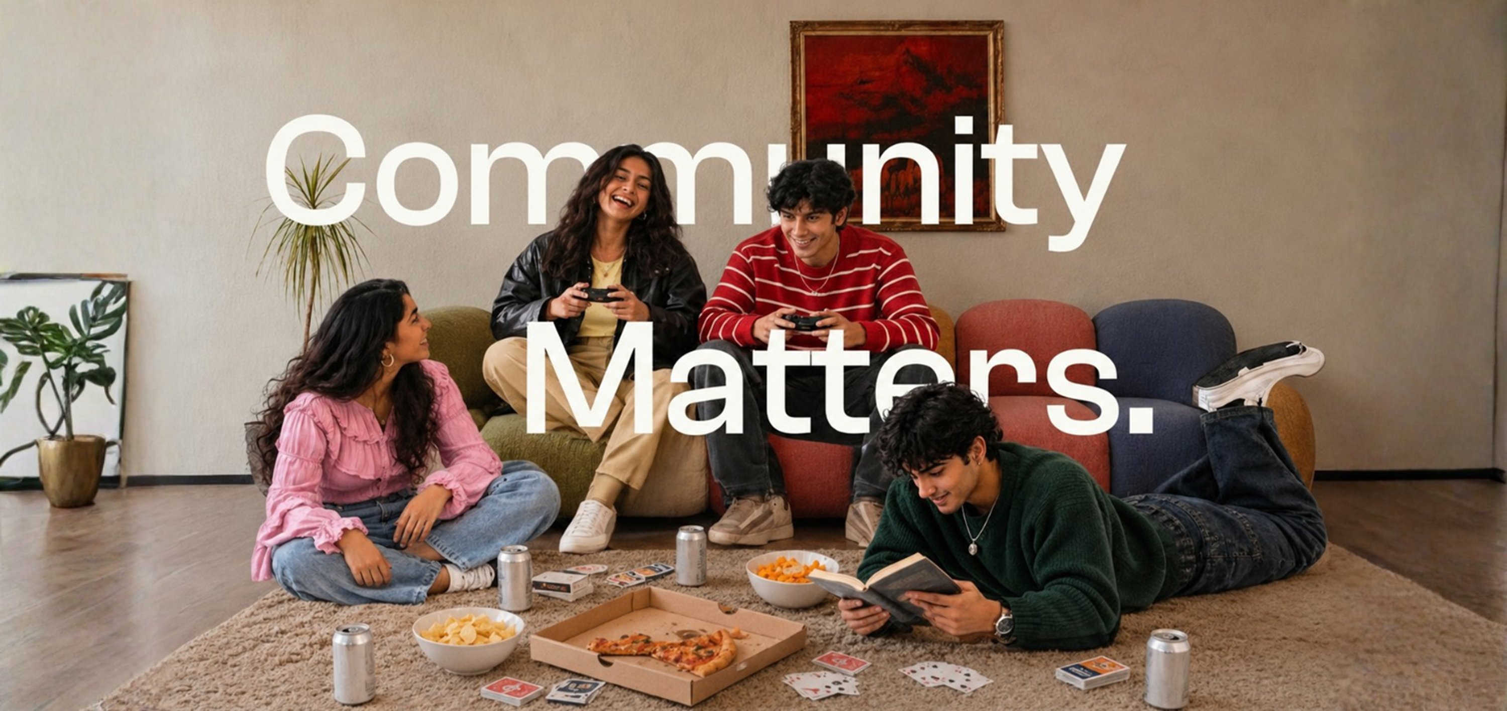 Community Matters. Five friends hanging out in a living room — two playing video games on the couch, one sitting on the floor, one lying down reading, pizza and snacks spread on the rug