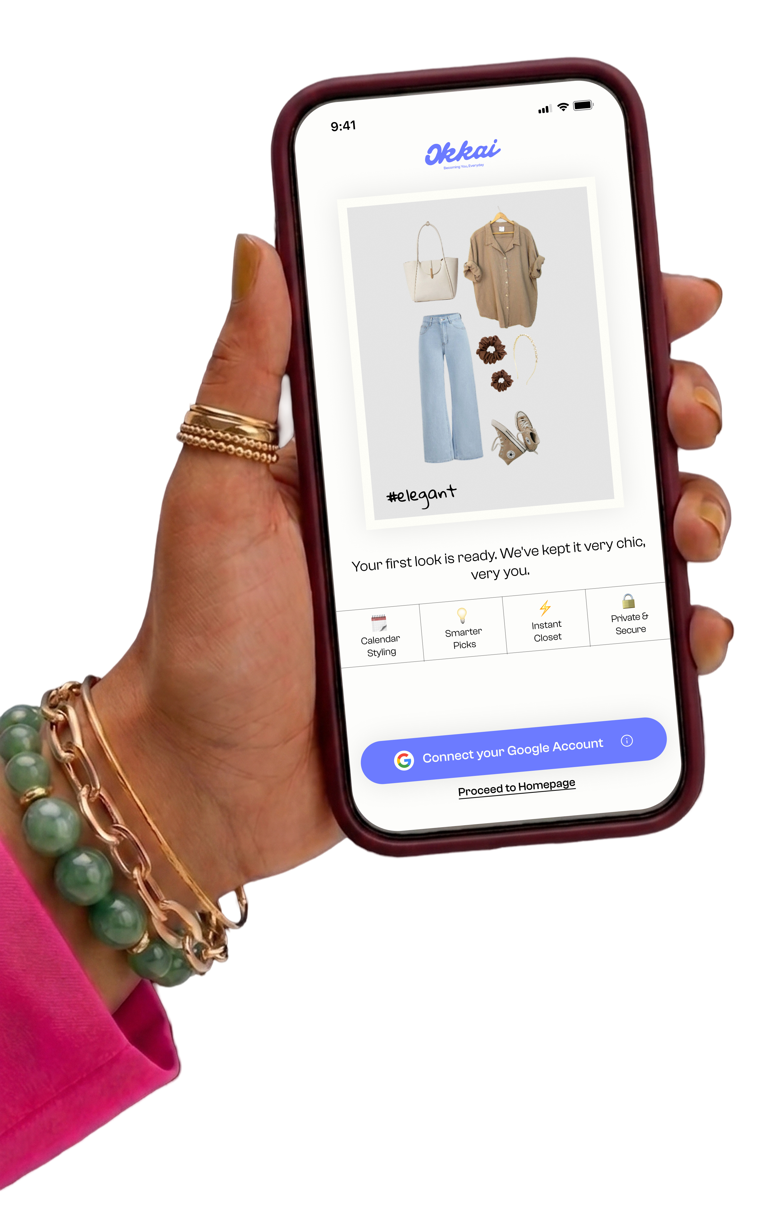 A hand holding a phone showing the Okkai app with a styled outfit and the caption “Your first look is ready. We've kept it very chic, very you.”