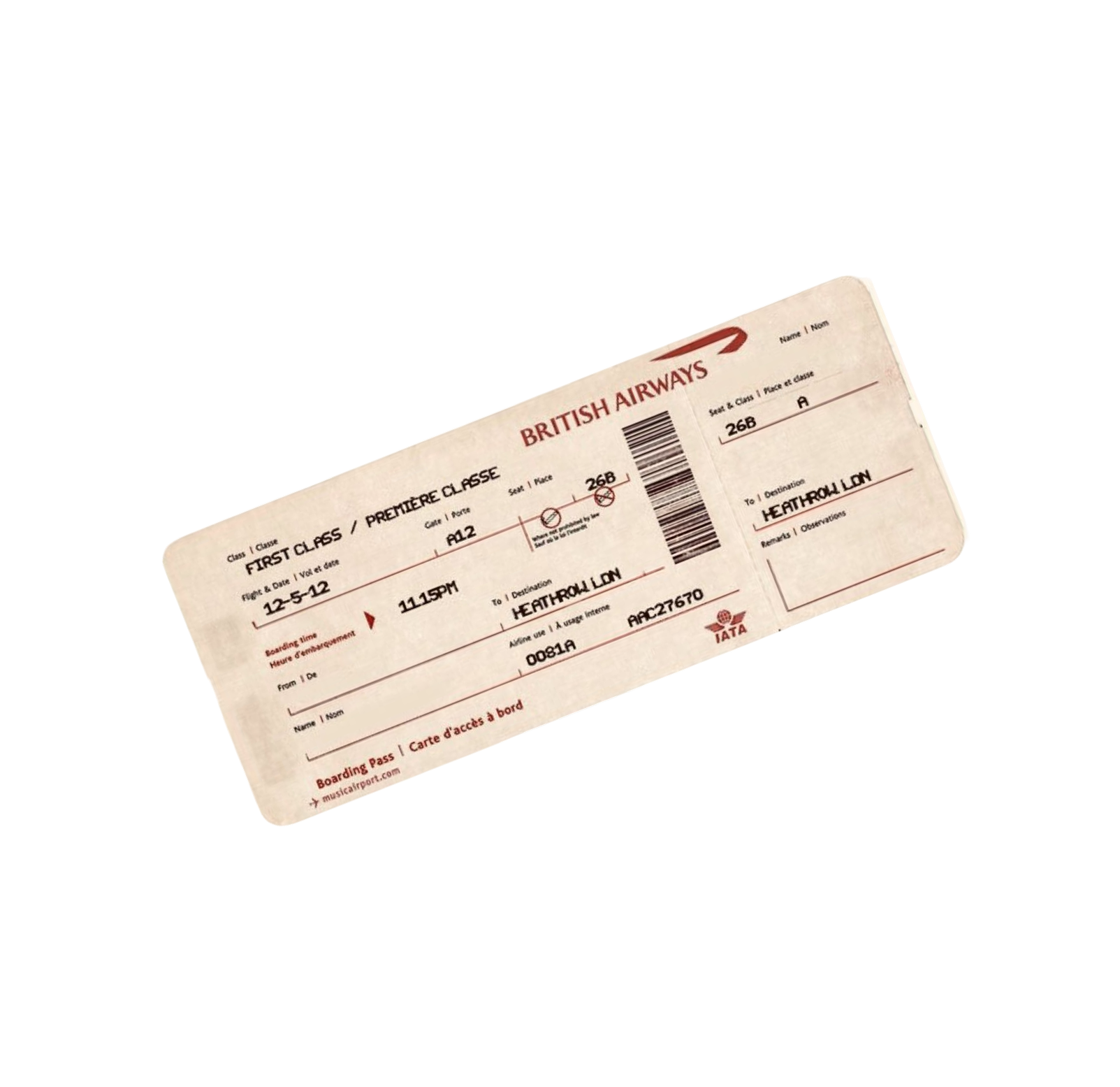 British Airways boarding pass to Heathrow LDN