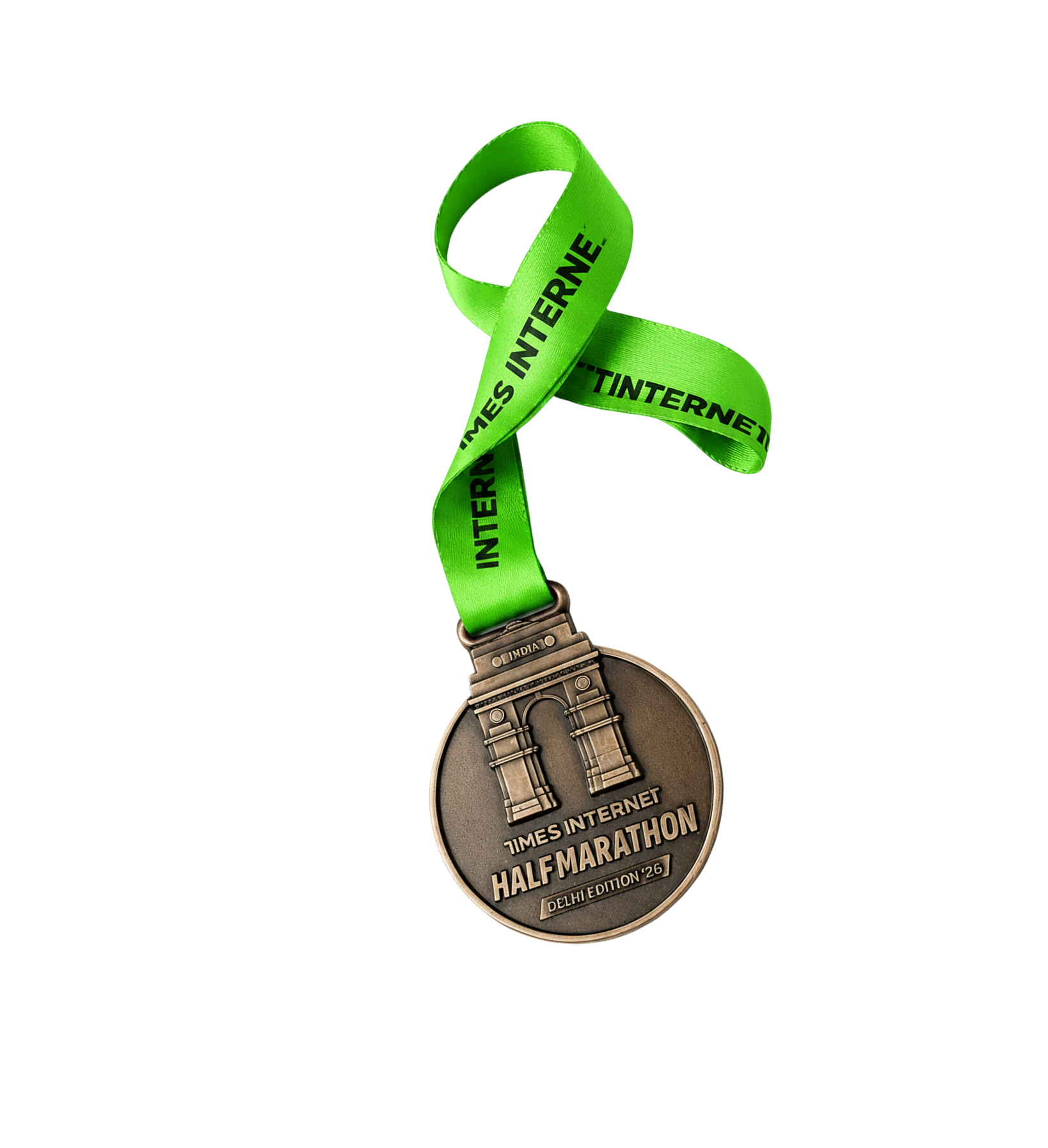 Times Internet Half Marathon medal on a green lanyard