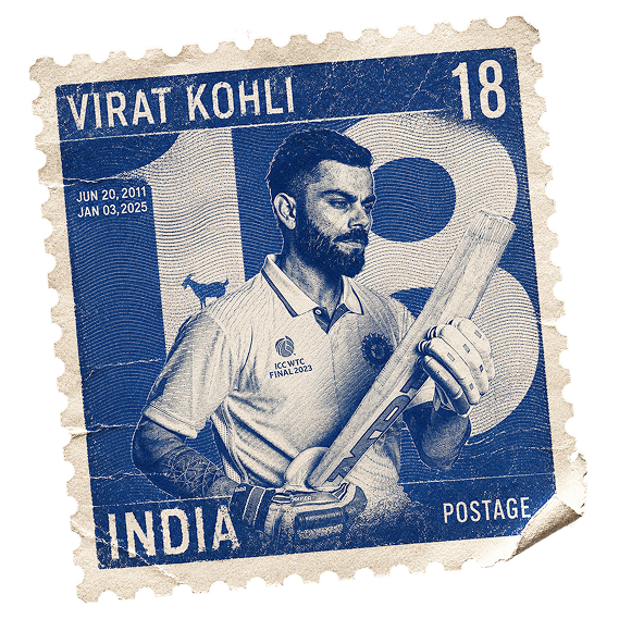 Blue postage stamp of a cricketer — Virat Kohli, India