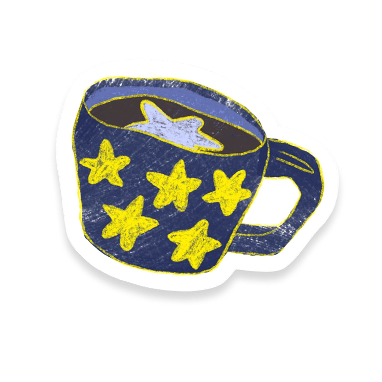 Sticker of a starry blue coffee mug