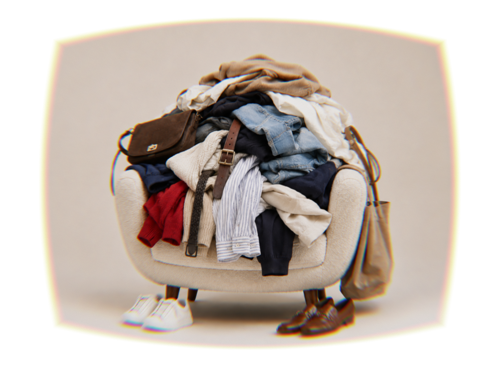 An armchair piled high with clothes, bags and shoes